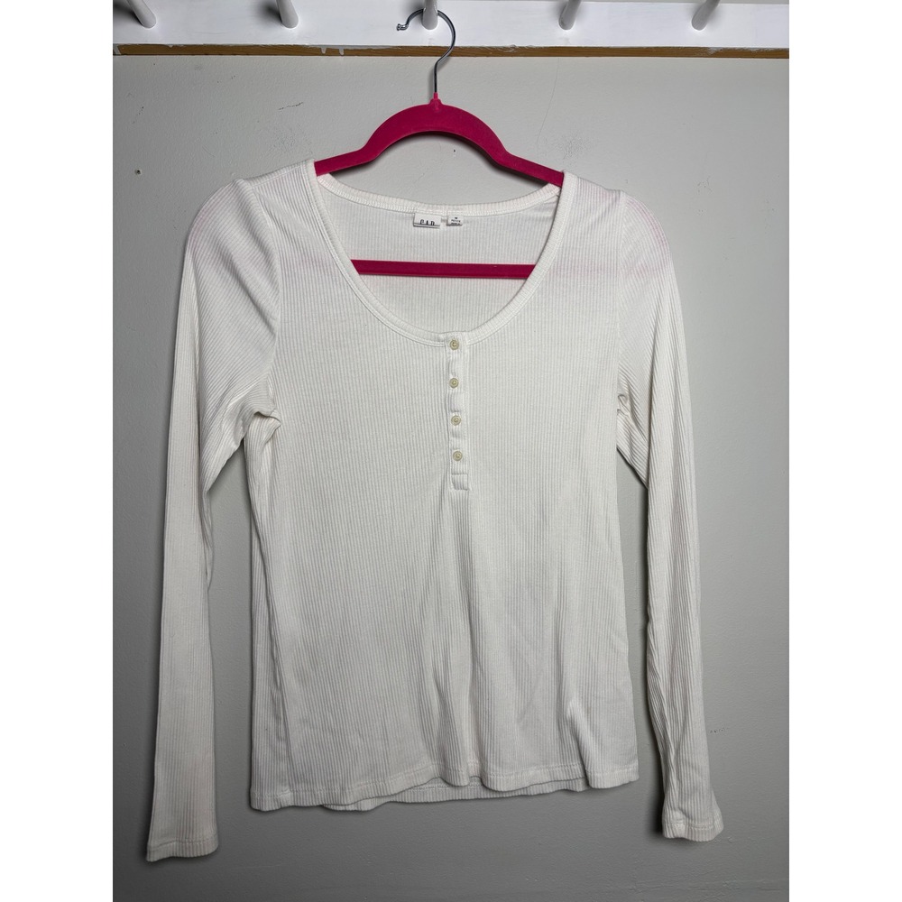 Gap White Ribbed Henley Top Womens Medium Petite Cotton Long Sleeve
